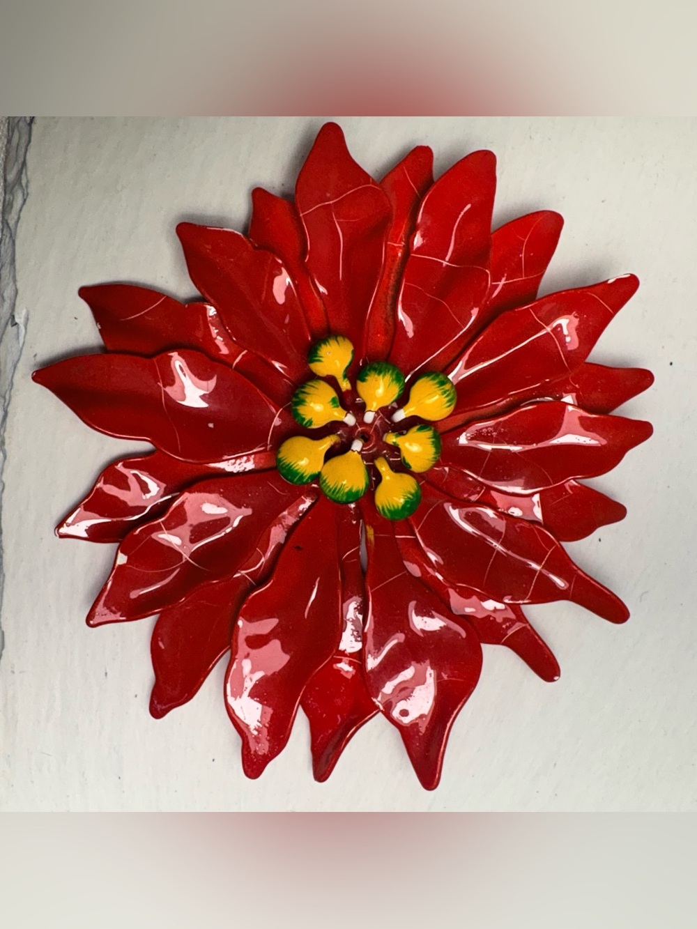 Vintage Red Floral Metal Enamel Brooch Artsy Boho Cottagecore